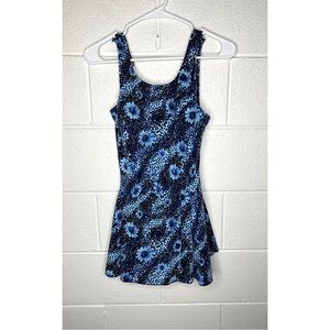 < Vintage T.H.E. Blue Floral Swim Dress Size 14 >
